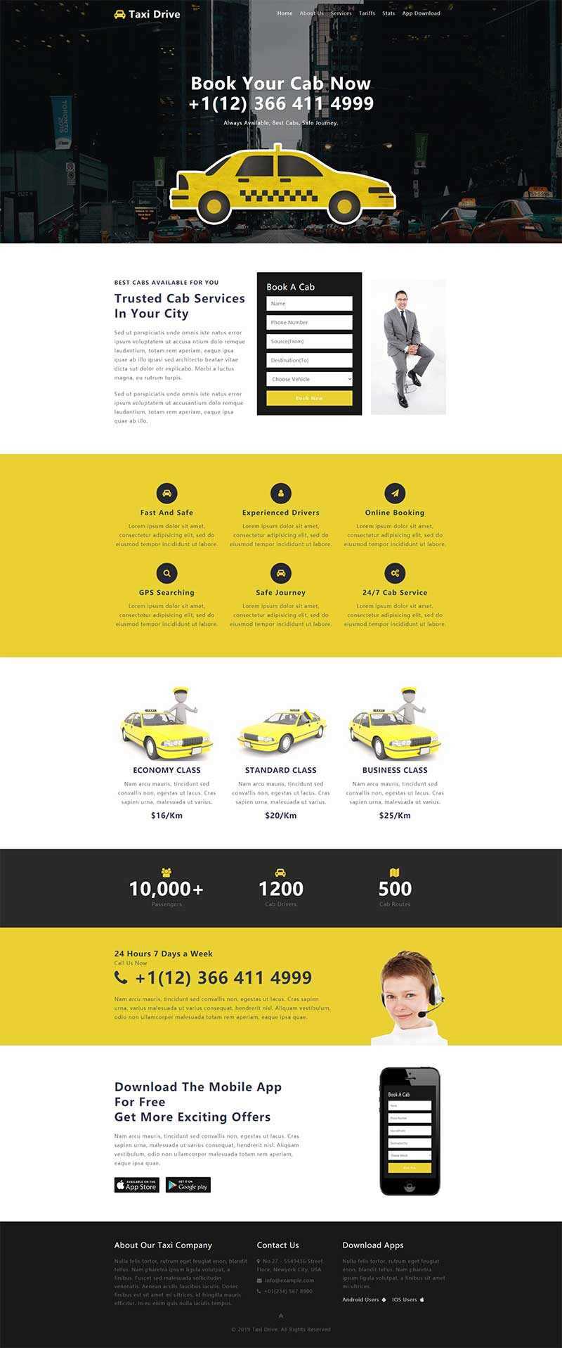 黄色出租车服务网站单页响应式网页html模板-项目资源网