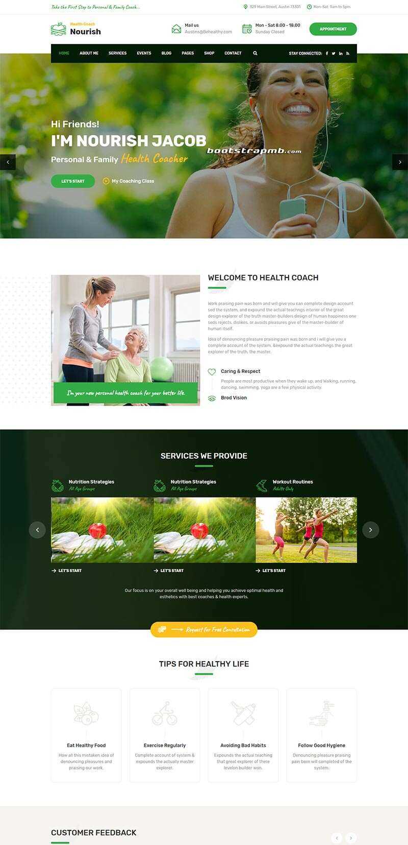 Bootstrap绿色的健康指导生活服务网站html模板-项目资源网