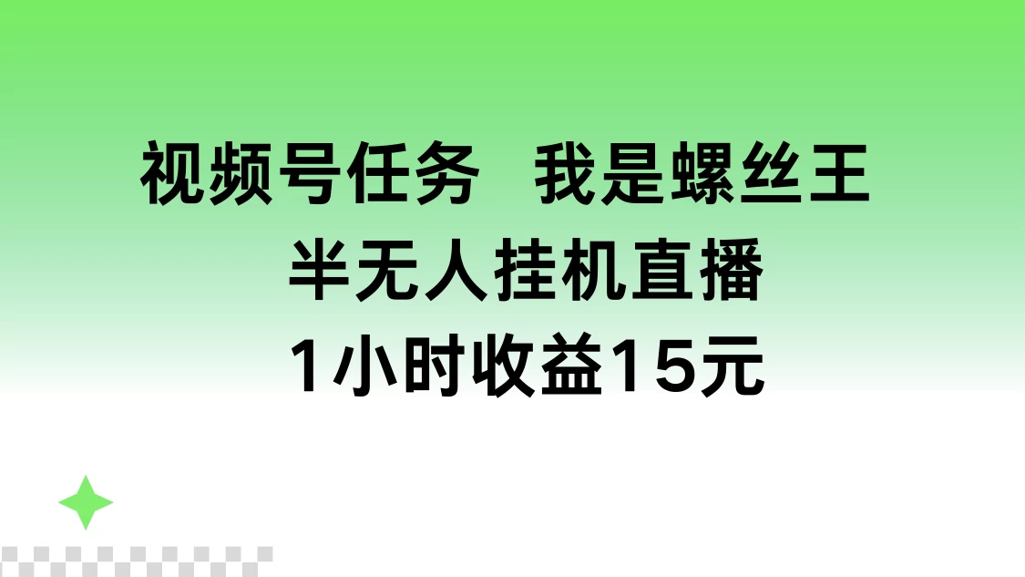 视频号任务，我是螺丝王， 半无人挂机1小时收益15元-项目资源网