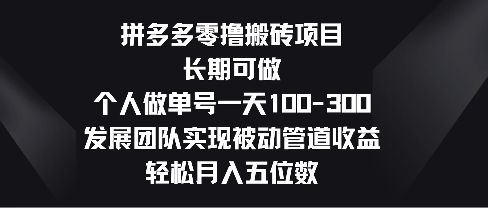 拼多多零撸搬砖项目，长期可做，个人做单号一天100-300，发展团队实现被动管道收益，轻松月入五位数-项目资源网