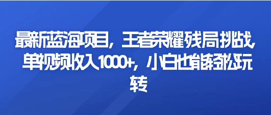 最新蓝海项目，王者荣耀残局挑战，单视频收入1000+，小白也能轻松玩转-项目资源网
