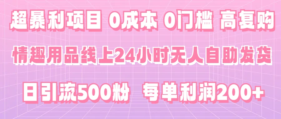超暴利项目，情趣用品线上24小时-无人自助发货，0成本，0门槛，高复购，有手就能做，日引500粉，每单利润200+-项目资源网
