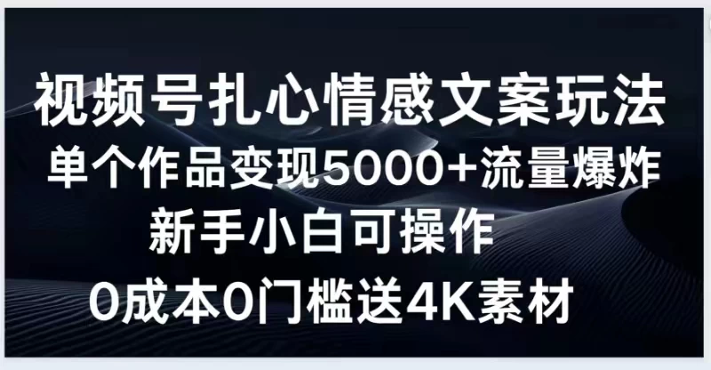 视频号扎心情感文案玩法，单个作品变现5000+，流量爆炸，两分钟一条作品，新手小白可操作，0成本0门褴送4K素材送工具-项目资源网