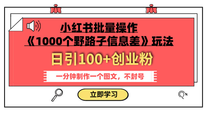 小红书批量操作《 1000 个野路子信息差》玩法，日引 100+ 创业粉，一分钟一个图文-项目资源网